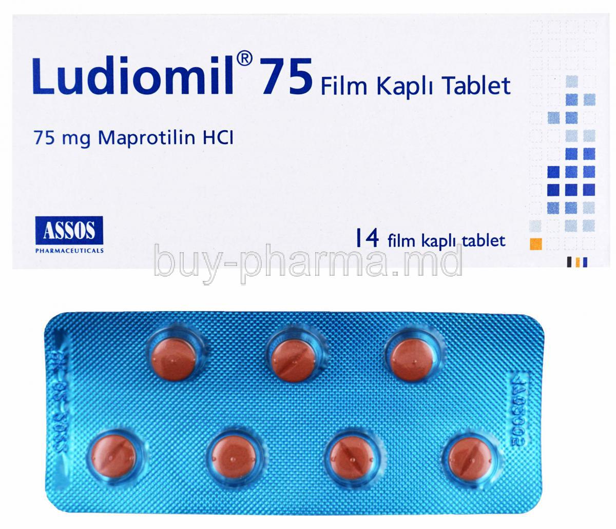 Ludiomil, Maprotiline, 75mg 14 tablets, Assos Pharmaceuticals, Box and blister pack front presentation