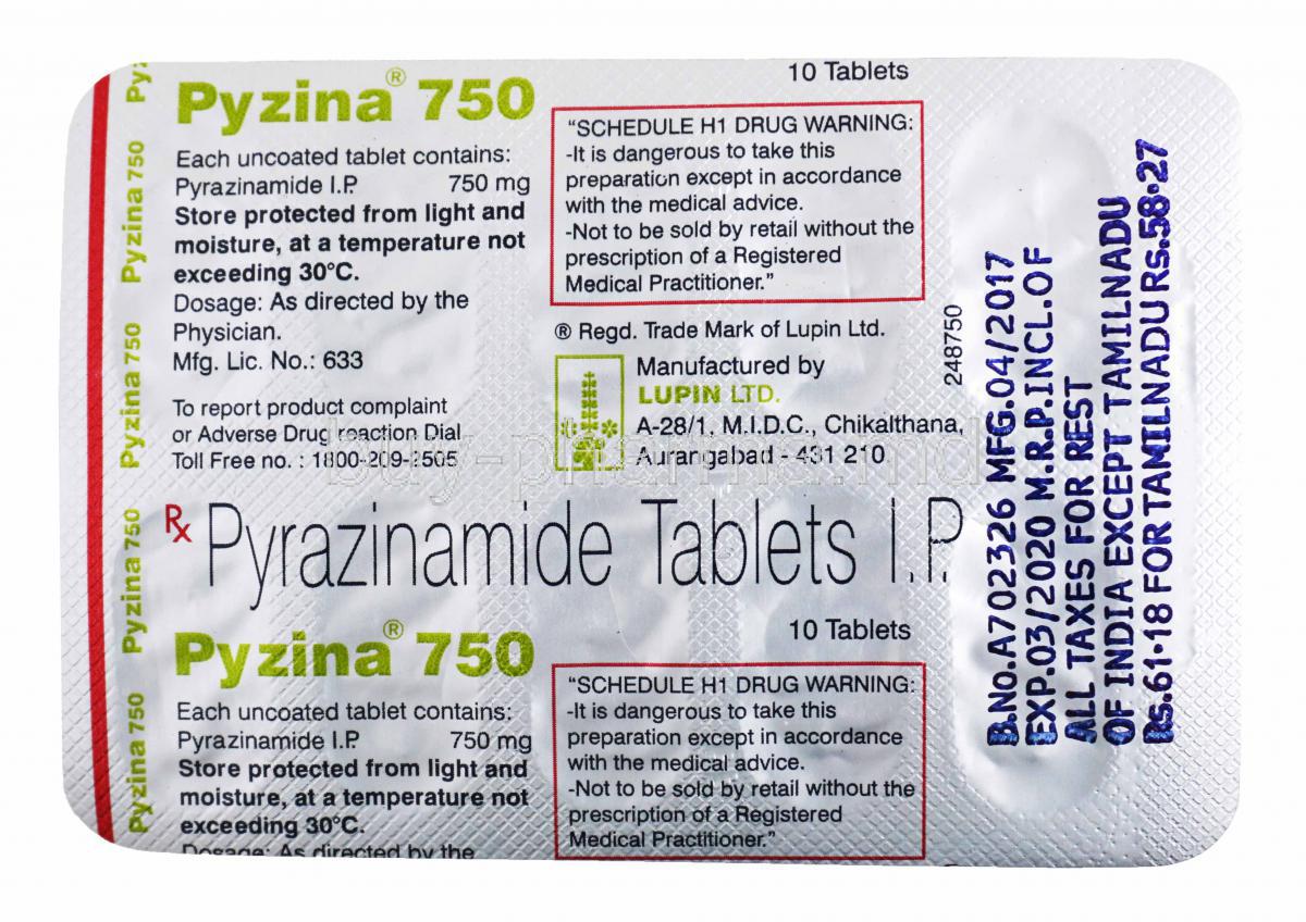 Pyzina 750, Pyrazinamide Tablet, 750mg, 10 tablets, blister pack back presentation with information on product