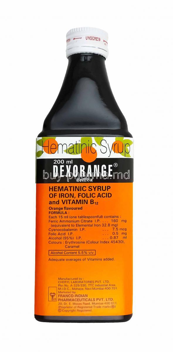 Dexorange Syrup, Ferric Ammonium Citrate, Protein, Cyanocobalamin and Folic Acid bottle