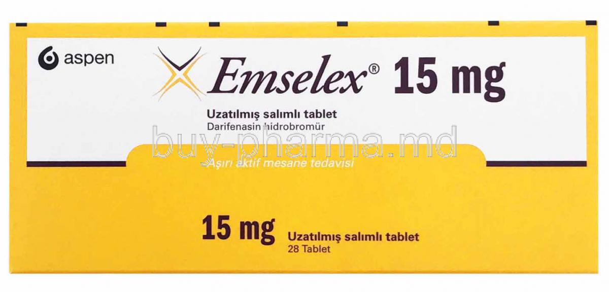 Emselex, Darifenacin, 15mg 28 tablet, Aspen, box front presentation