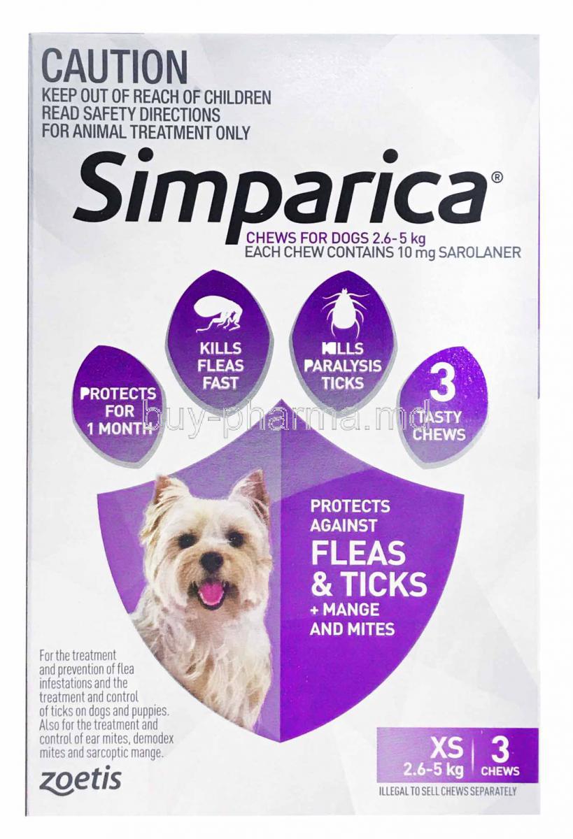 Simparica, Chews for dogs 2.6-5 kg, 3 chewable tablet, Zoetis, Box front presentation