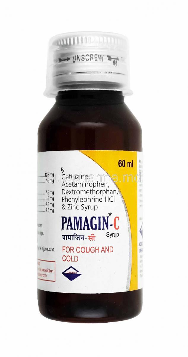 Pamagin C Syrup, Paracetamol, Cetirizine, Menthol and Phenylephrine bottle