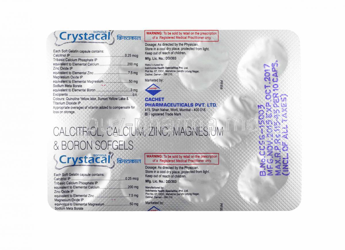 Crystacal, Calcitriol, Calcium, Zinc, Magnesium and Biotin capsules back