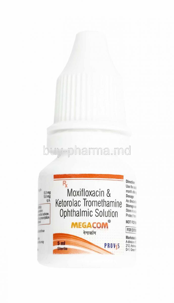 Megacom Opthalmic Solution, Ketorolac and Moxifloxacin bottle