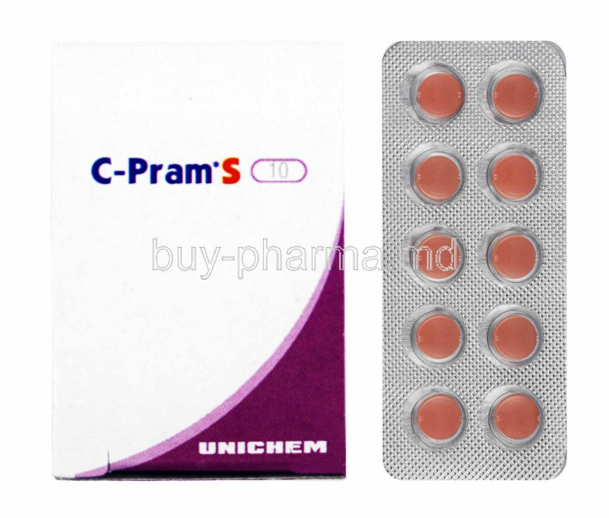 C-Pram S, Escitalopram 10mg box and tablets