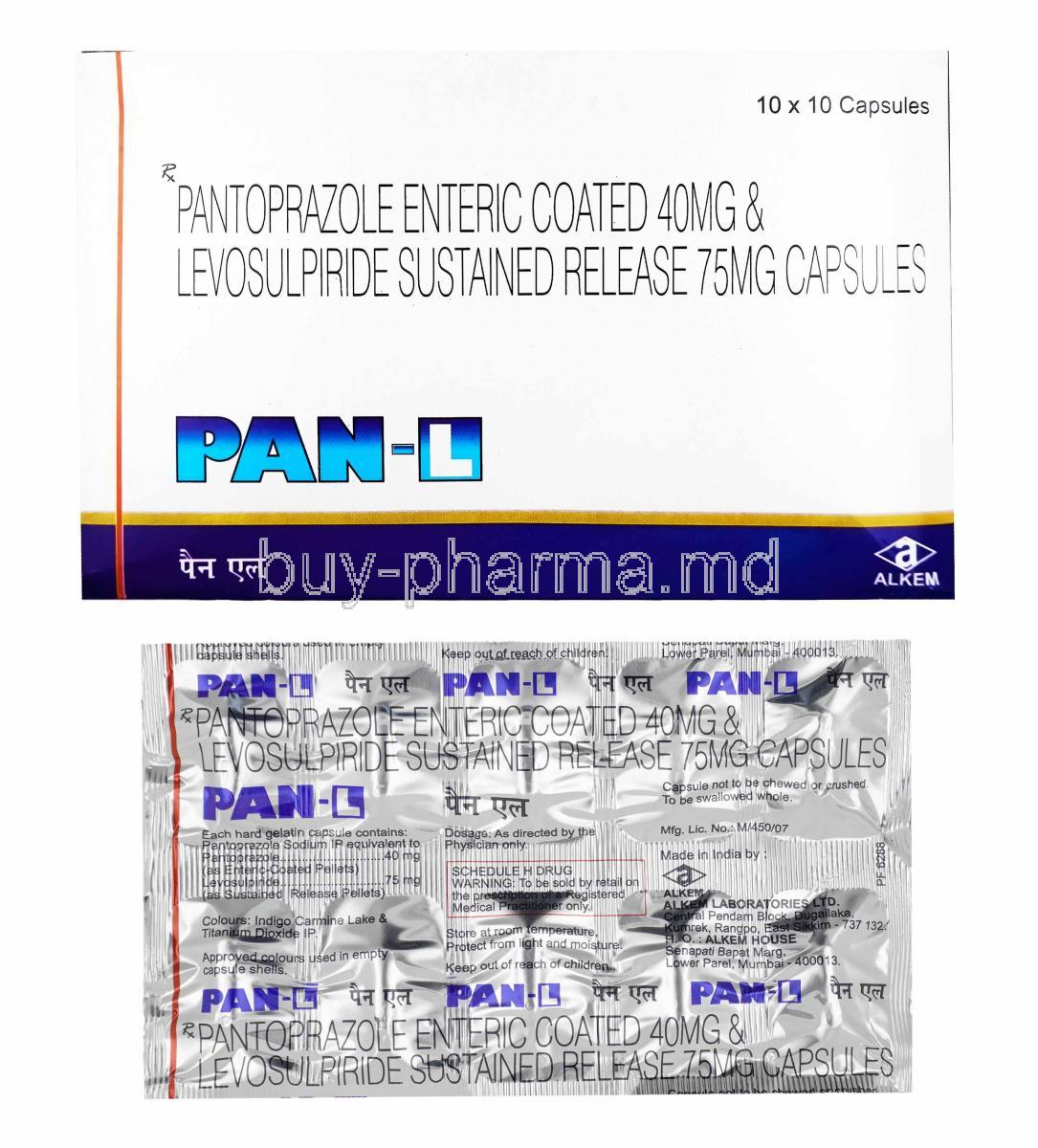 PAN L, Levosulpiride and Pantoprazole tablets and box