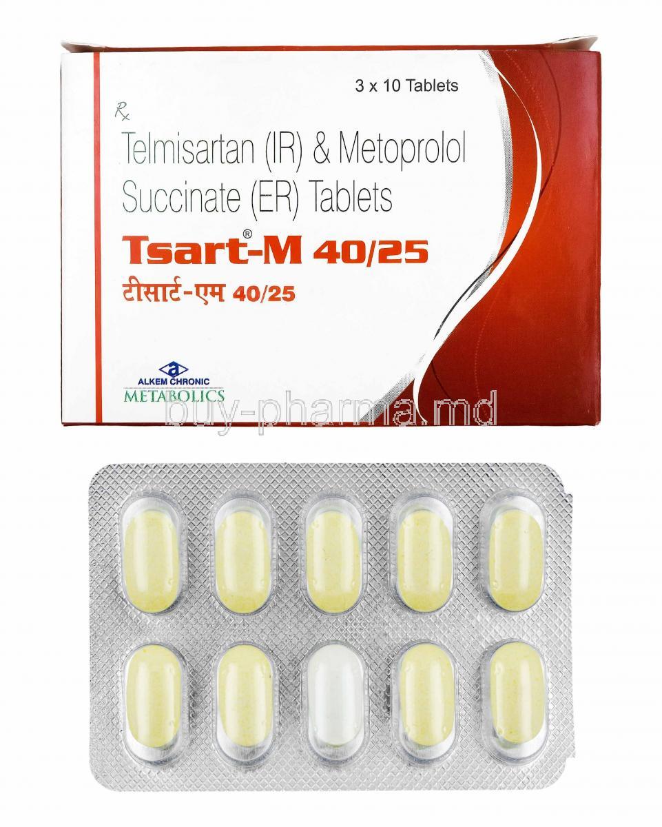 Tsart-M, Telmisartan and Metoprolol Succinate 25mg, box and tablets