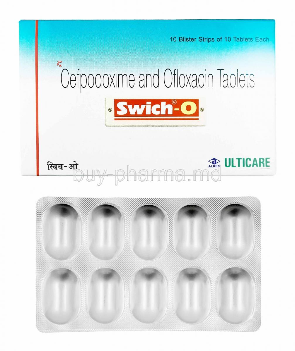 Swich-O, Cefpodoxime and Ofloxacin box and tablets