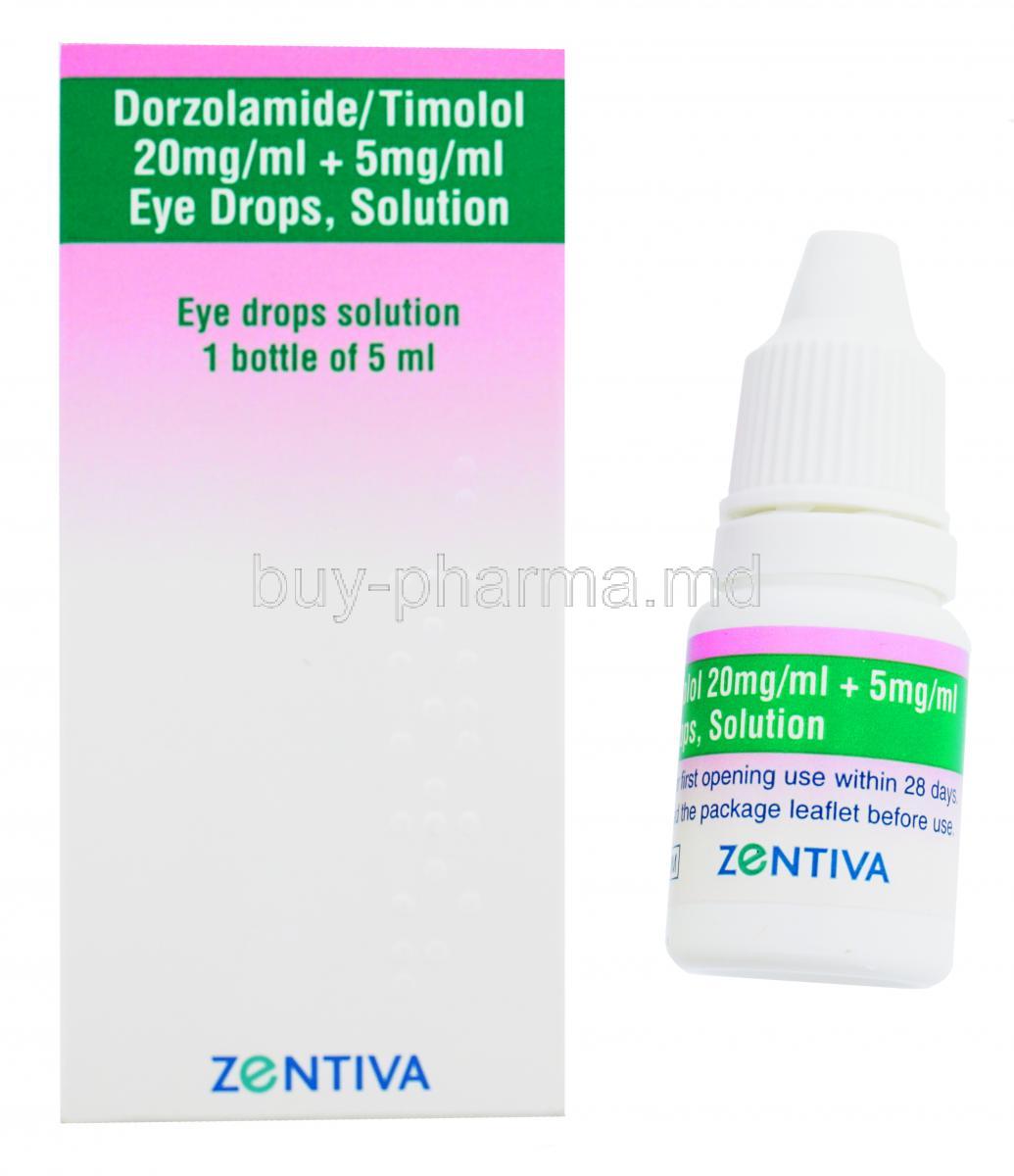 Dorzolamide/ Timolol Eyedrop , 20mg/ml, 5mg/ml, 5ml, Zentiva, Box and bottle front presentation