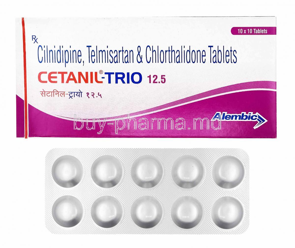 Cetanil-Trio, Telmisartan, Cilnidipine and Chlorthalidone 12.5mg, box and tablets