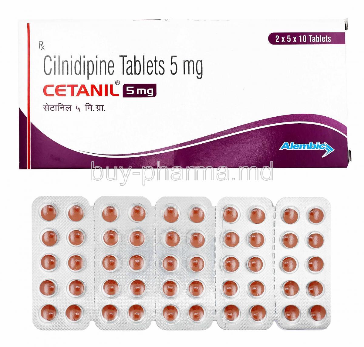 Cetanil, Cilnidipine 5mg, box and tablets