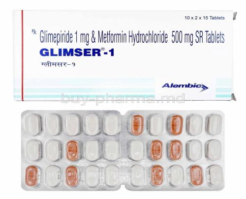 Glimser, Glimepiride and Metformin1mg box and tablets