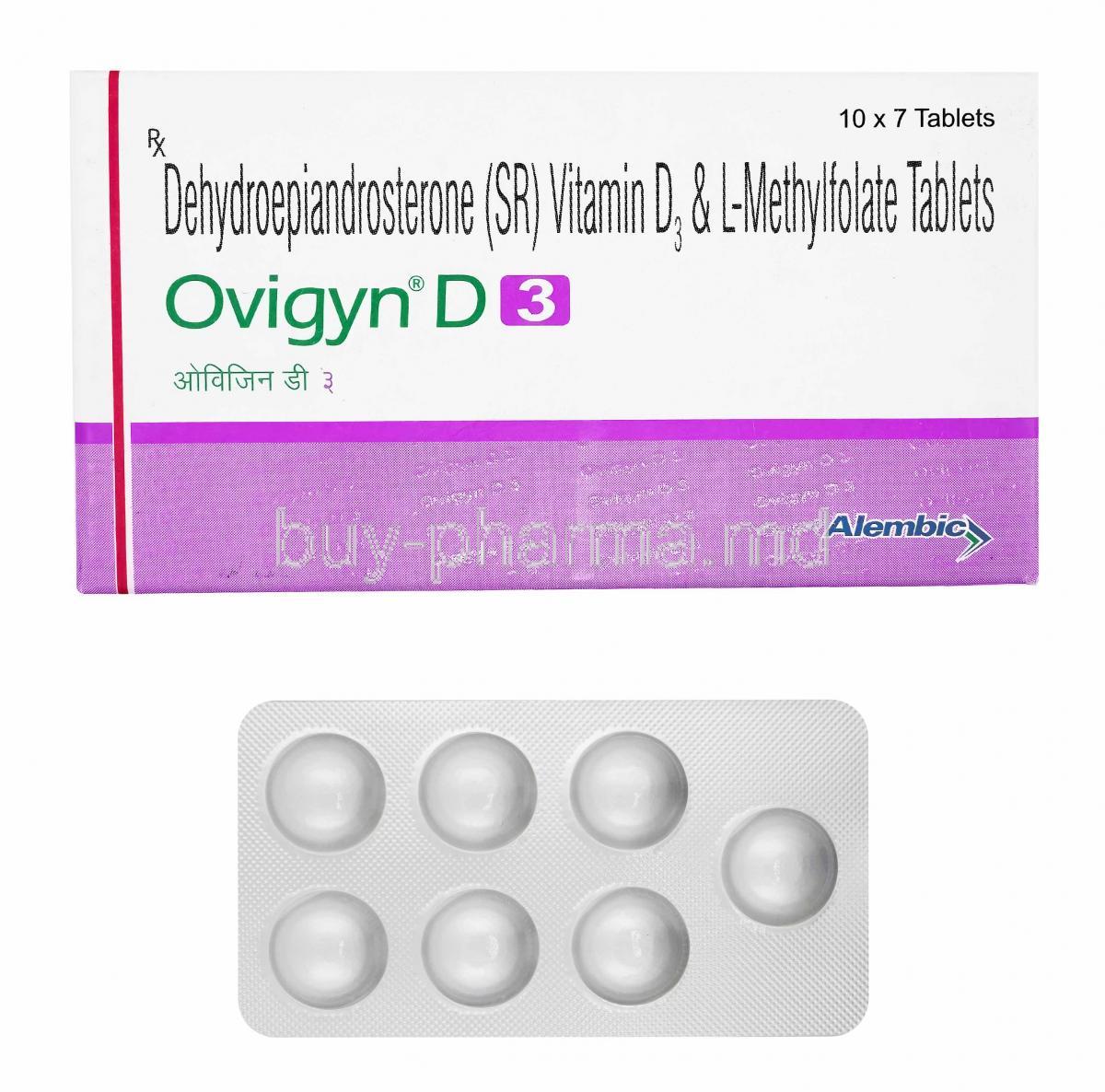 Ovigyn D3, Dehydroepiandrosterone, L-Methyl Folate and Vitamin D3 box and tablets