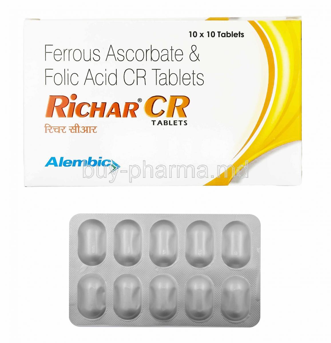 Richar CR, Iron and Folic Acid 75mg box and tablets