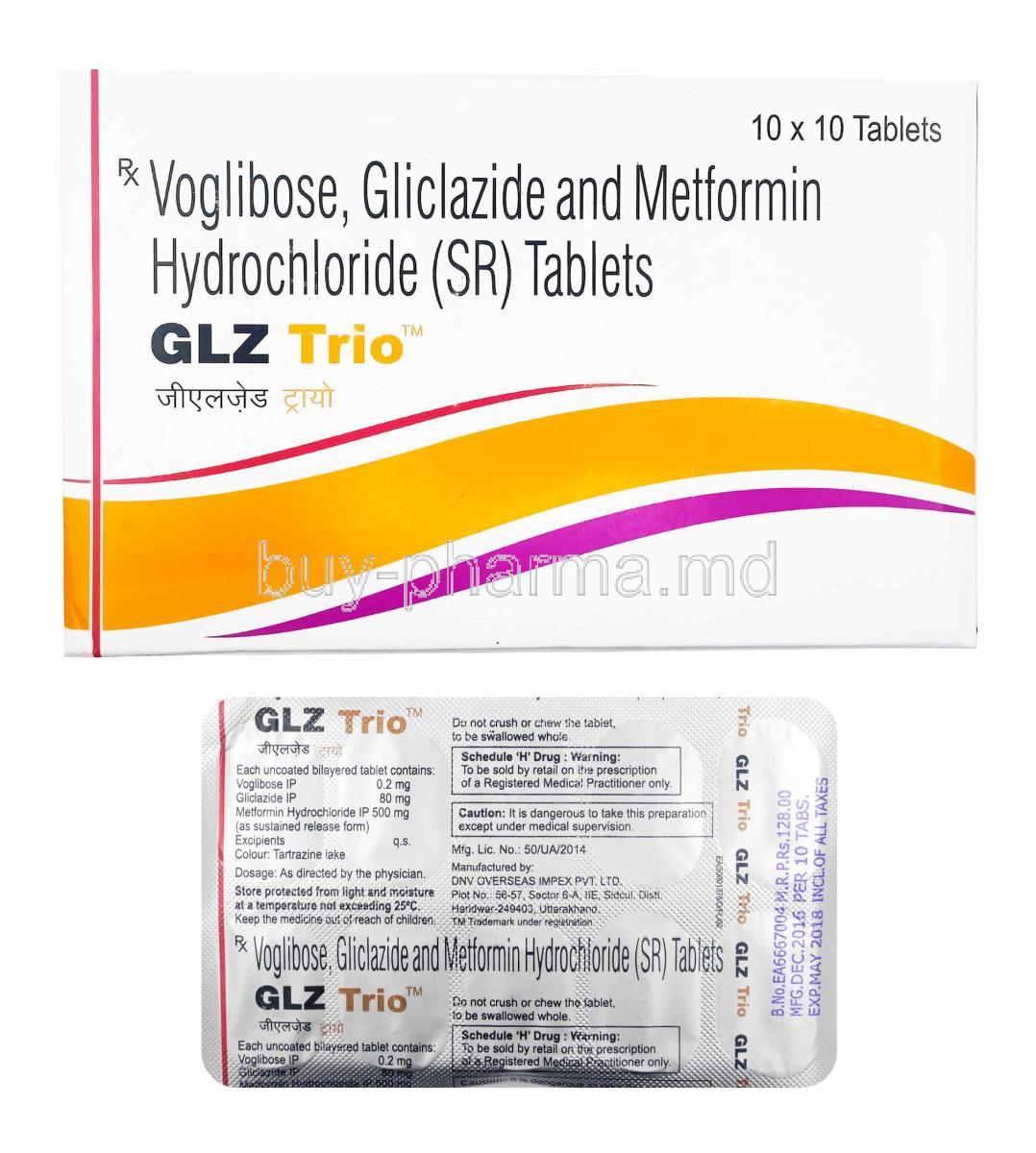 GLZ Trio, Voglibose, Metformin and Gliclazide box and tablets