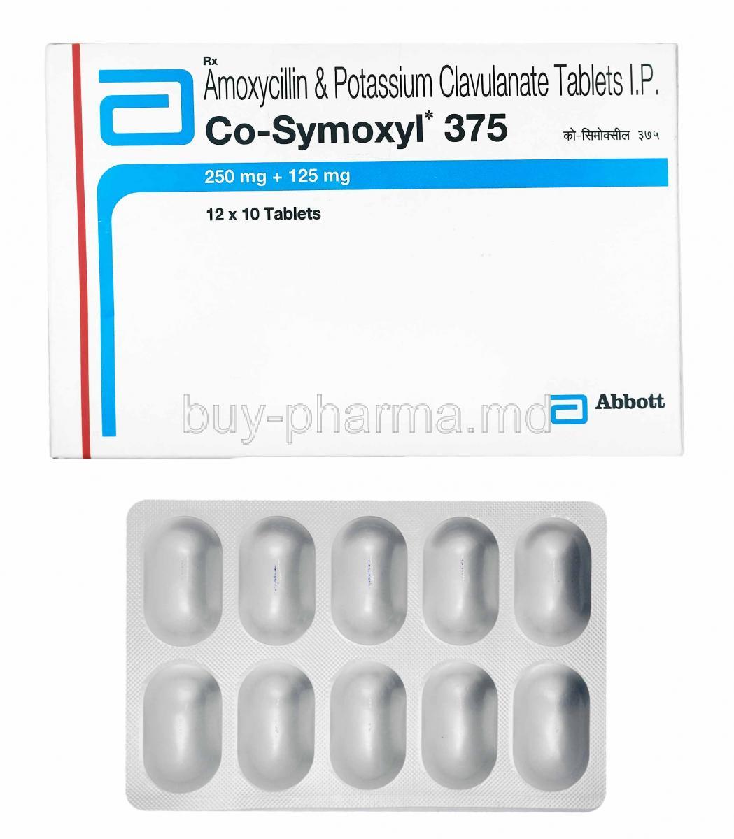 Co-Symoxyl, Amoxicillin and Clavulanic Acid 375mg box and tablets