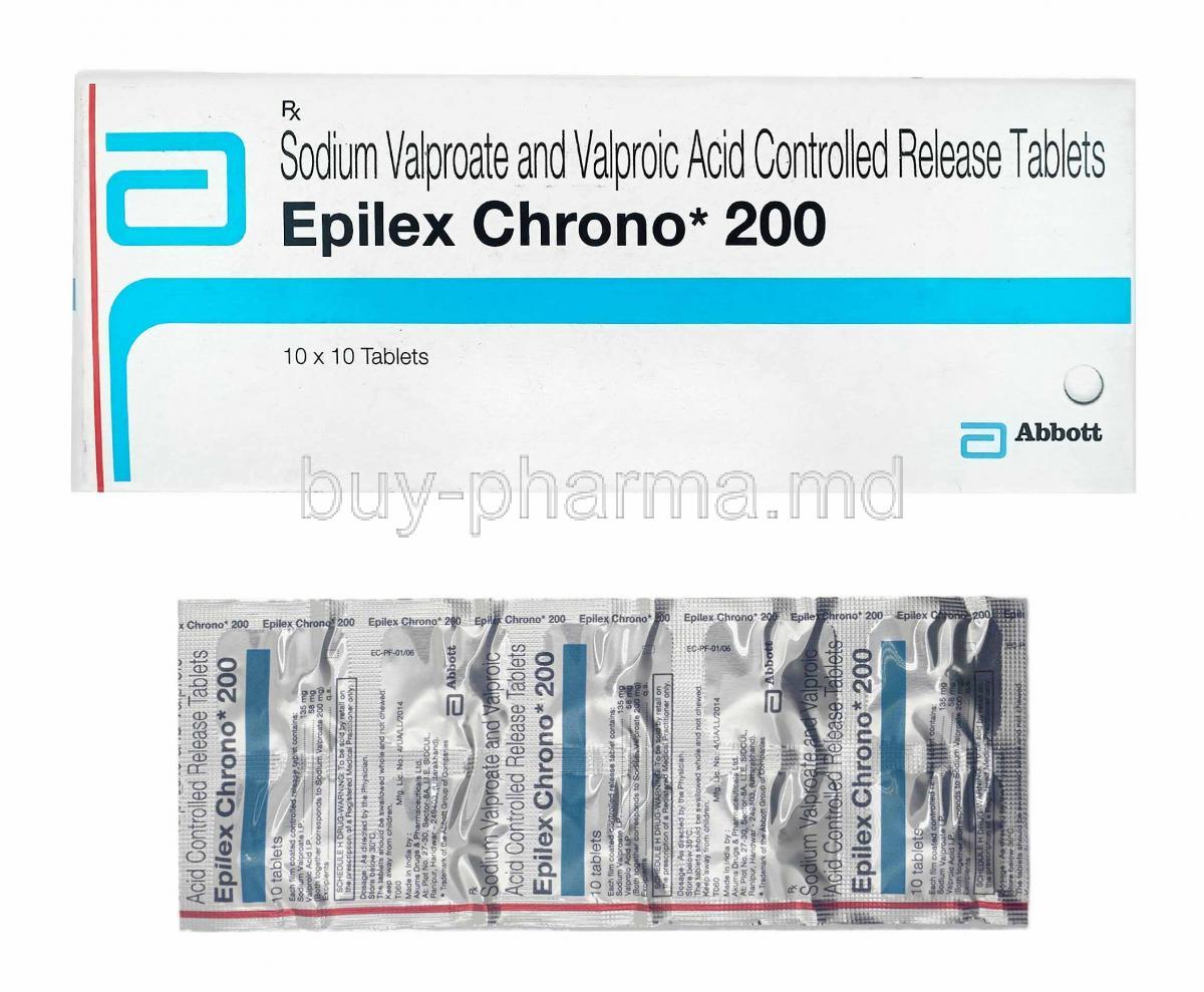 Epilex Chrono, Sodium Valproate and Valproic Acid 200mg box and tablets