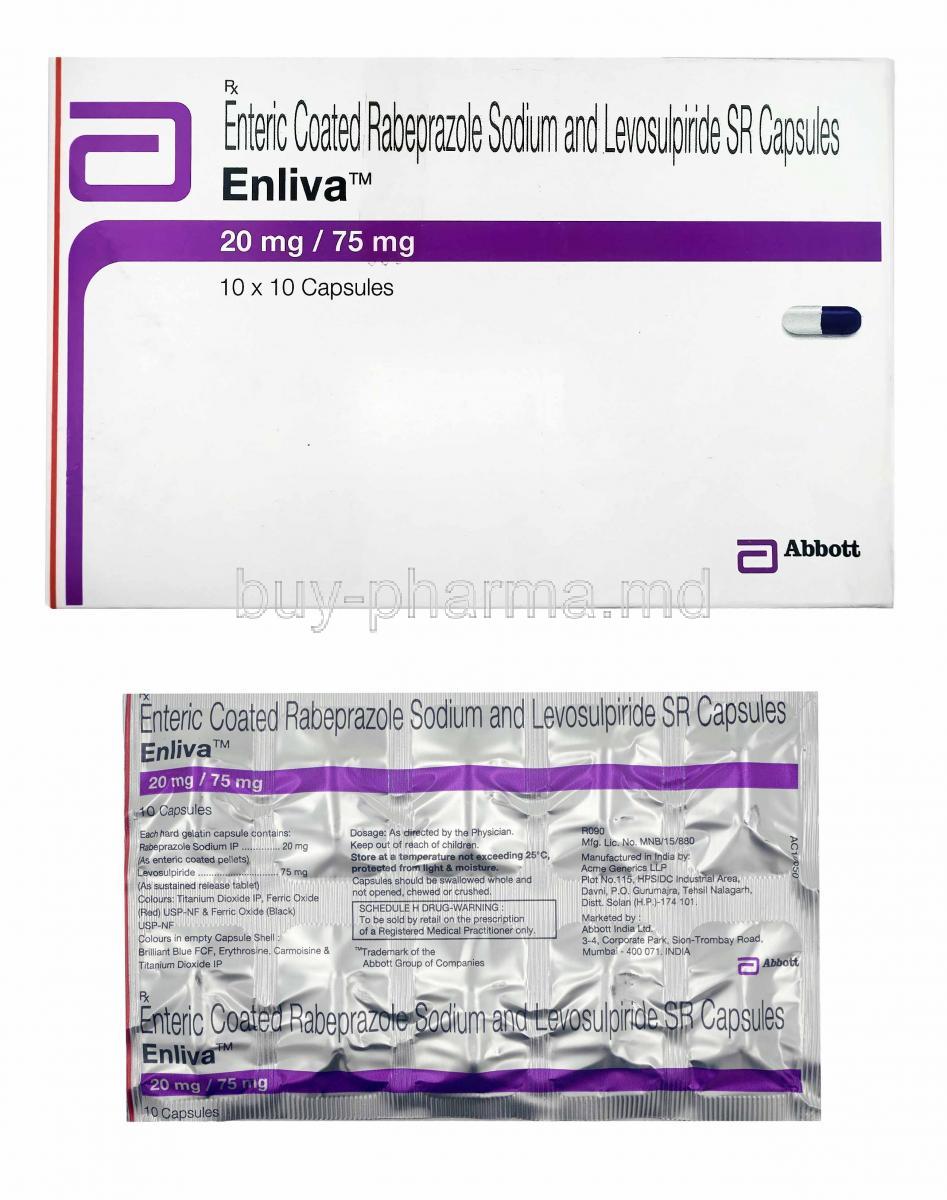 Enliva, Levosulpiride and Rabeprazole box and capsules
