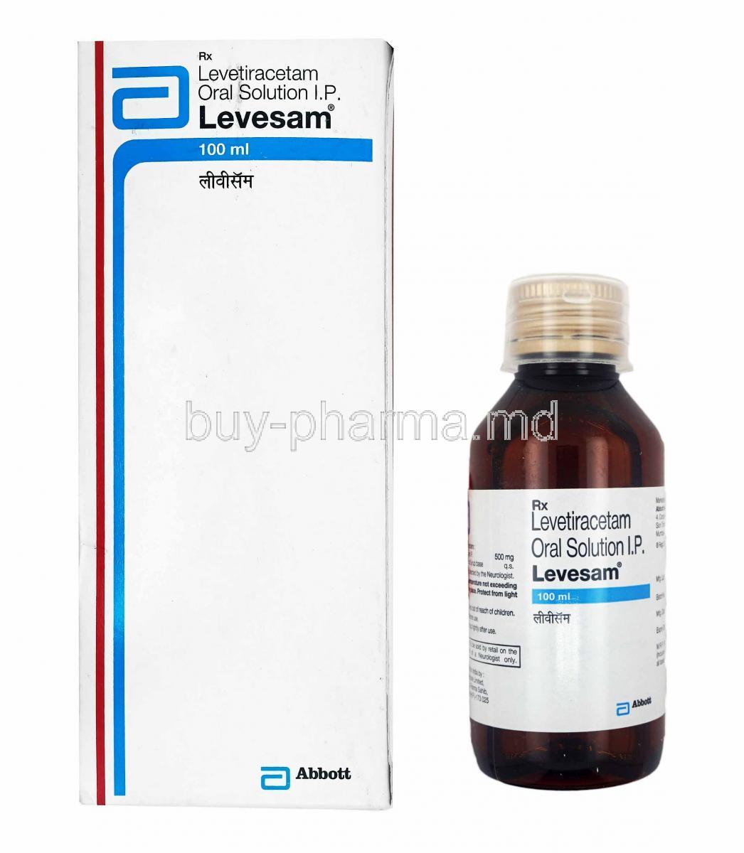 Levesam Oral Solution, Levetiracetam box and bottle