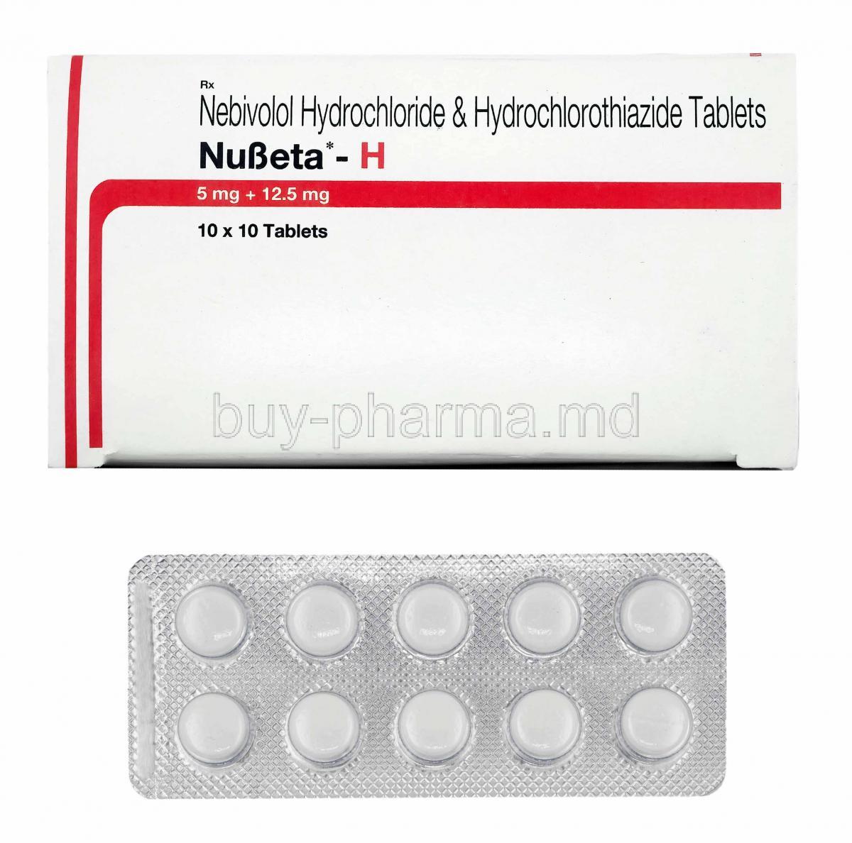 Nubeta-H, Nebivolol and Hydrochlorothiazide box and tablets