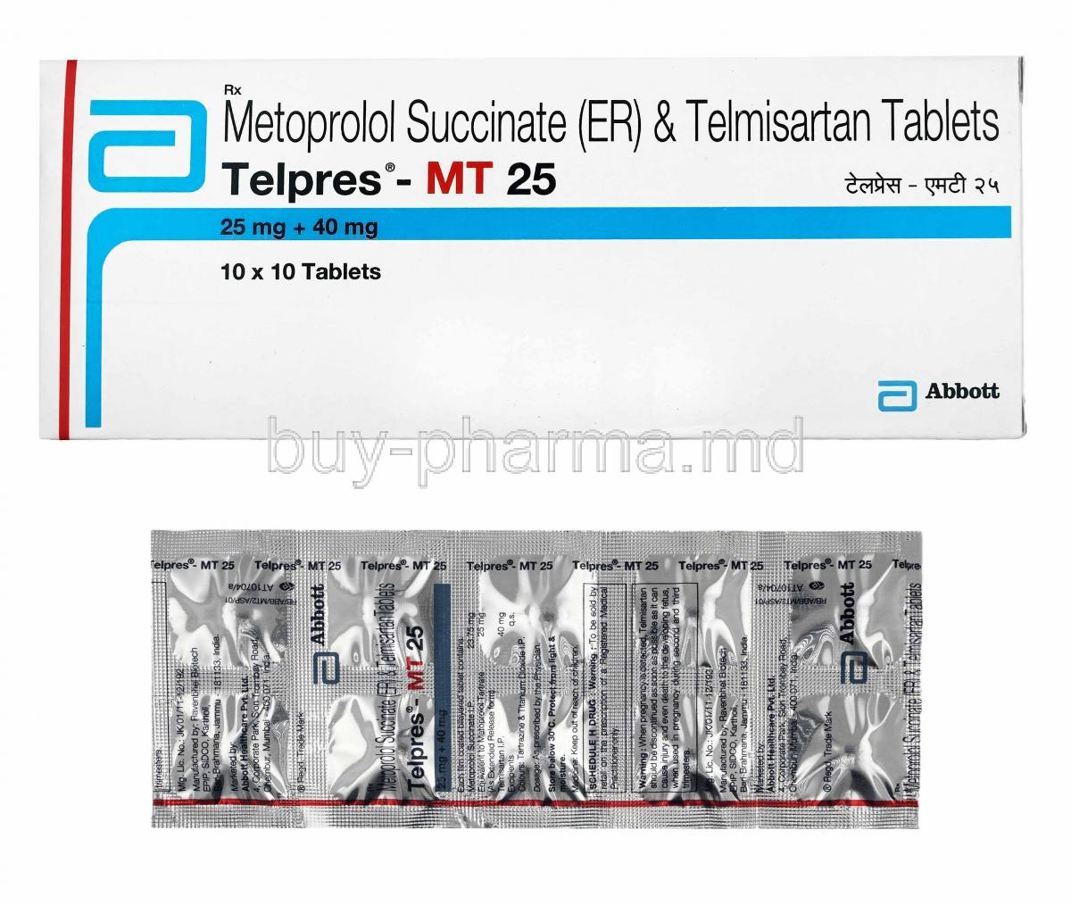 Telpres-MT, Telmisartan and Metoprolol Succinate 25mg box and tablets