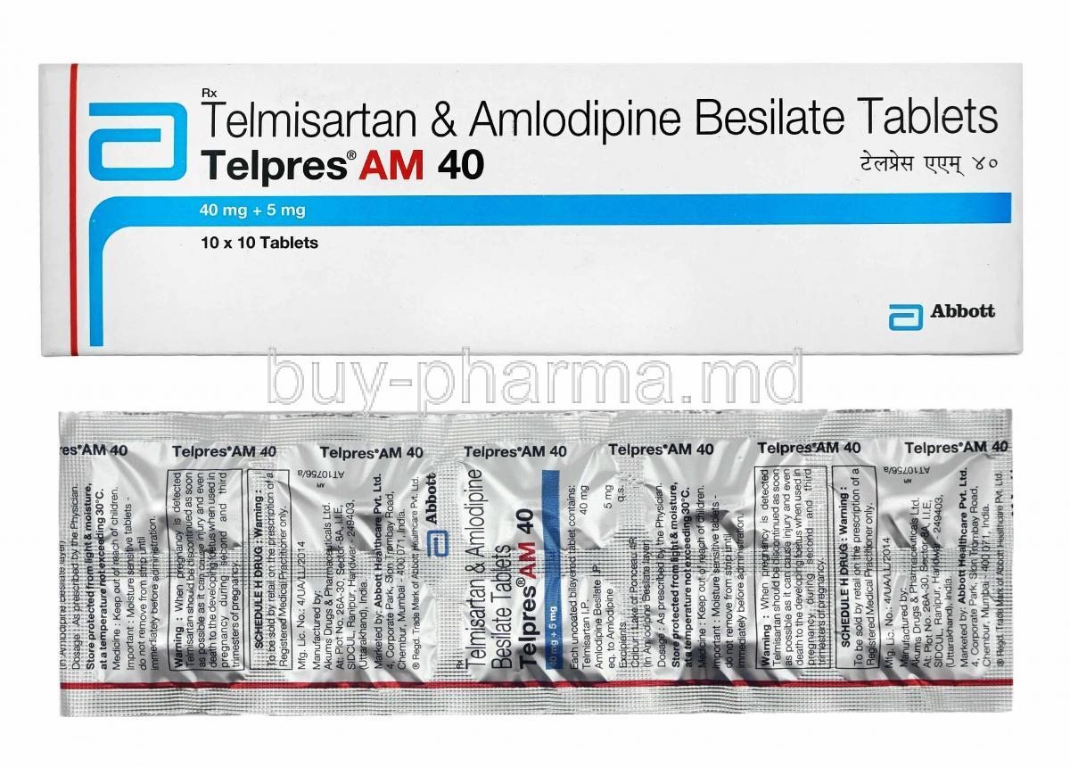 Telpres AM, Telmisartan and Amlodipine 40mg box and tablets