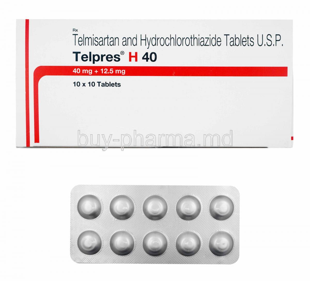 Telpres H, Telmisartan and Hydrochlorothiazide 40mg box and tablets