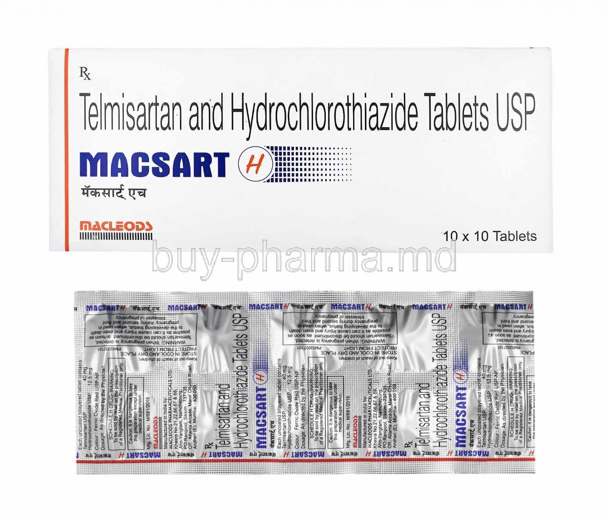 Macsart H, Telmisartan and Hydrochlorothiazide box and tablets