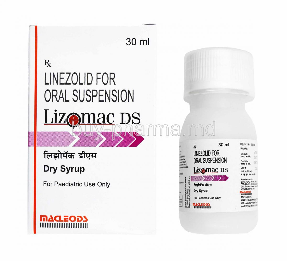Lizomac DS Dry Syrup, Linezolid box and bottle
