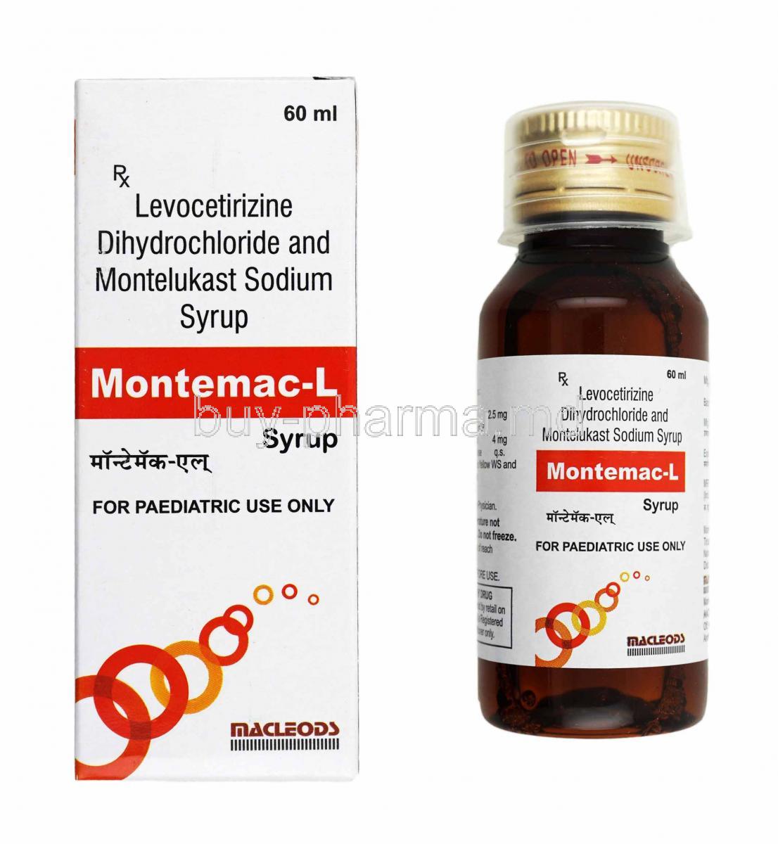 Montemac-L Syrup, Levocetirizine and Montelukast box and bottle