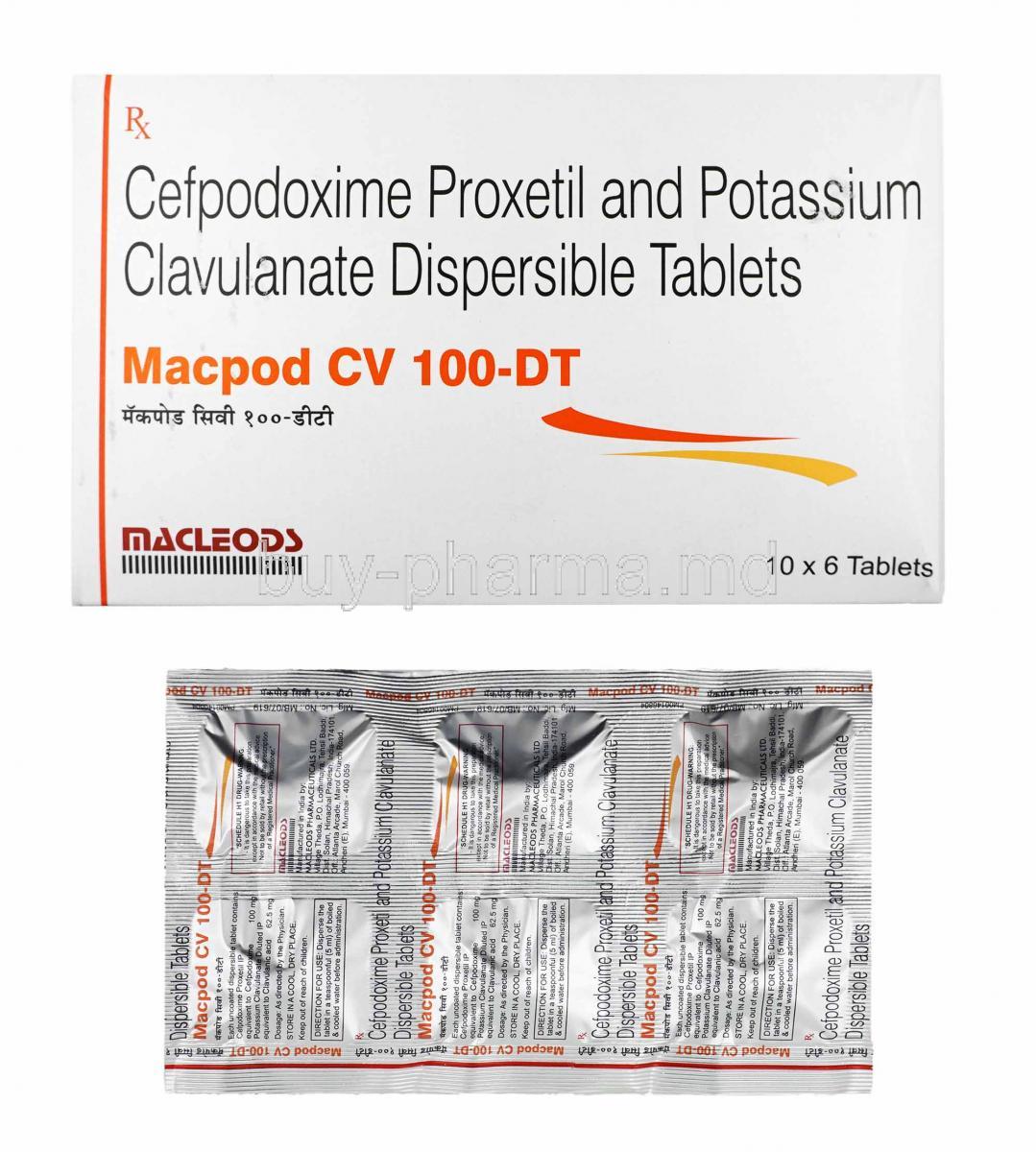 Macpod CV, Cefpodoxime and Clavulanic Acid 100mg box and tablets
