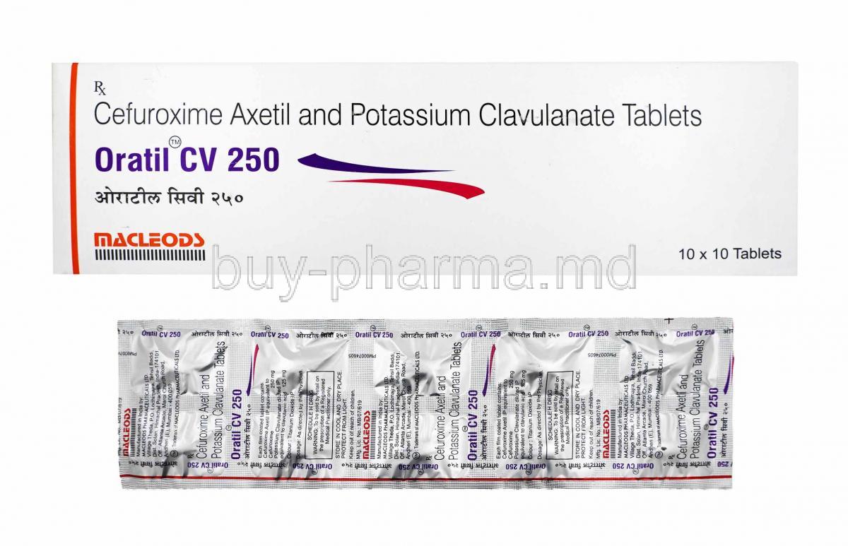 Oratil CV, Cefuroxime and Clavulanic Acid 250mg box and tablet