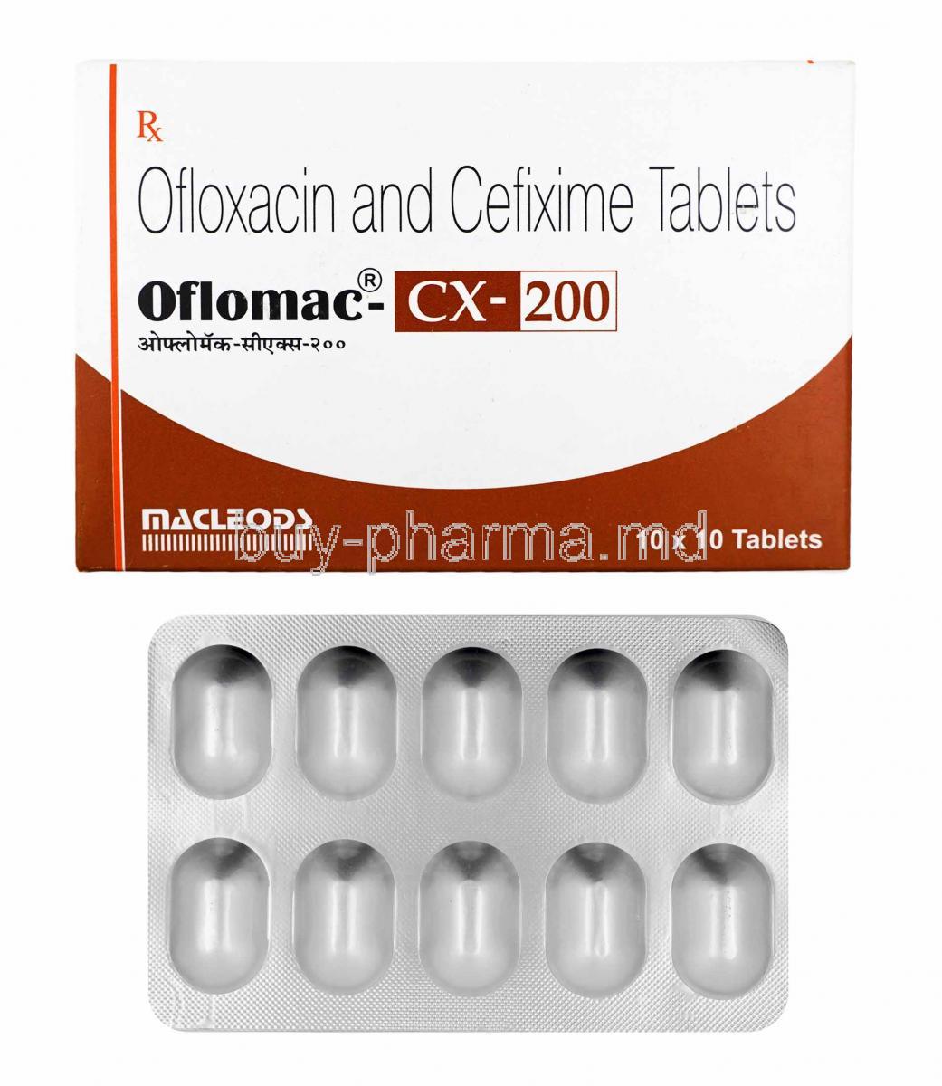 Oflomac CX, Cefixime and Ofloxacin box and tablet