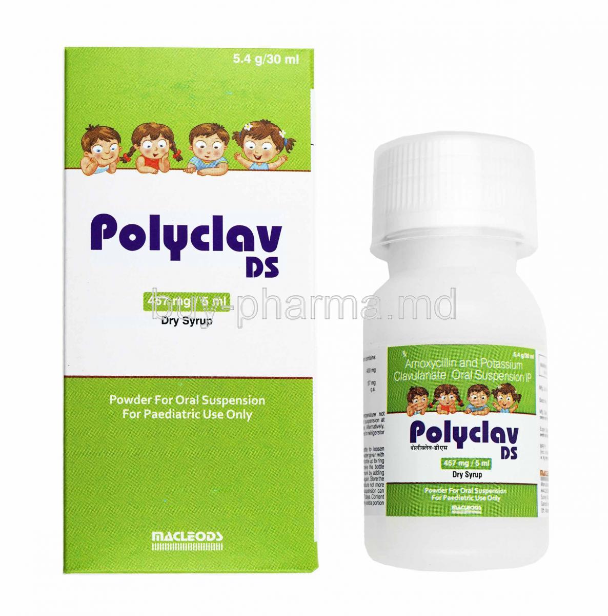 Polyclav DS Dry Syrup, Amoxicillin and Clavulanic Acid box and bottle