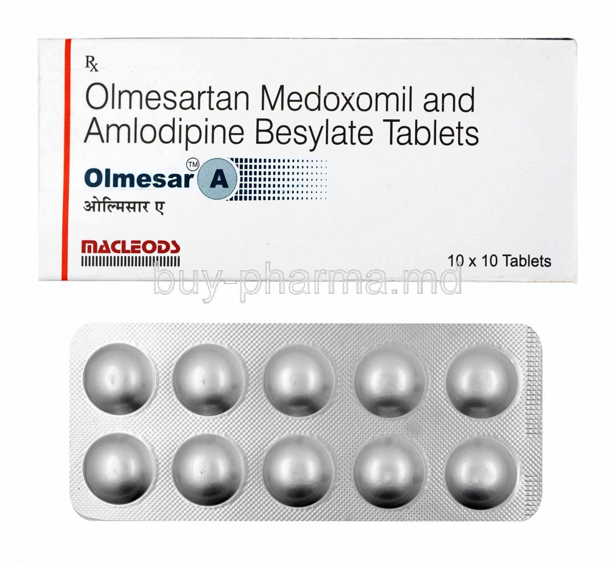 Olmesar A, Olmesartan and Amlodipine 20mg box and tablets