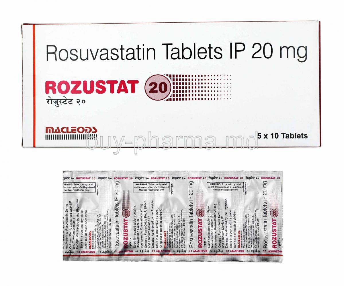 Rozustat, Rosuvastatin 20mg box and tablets