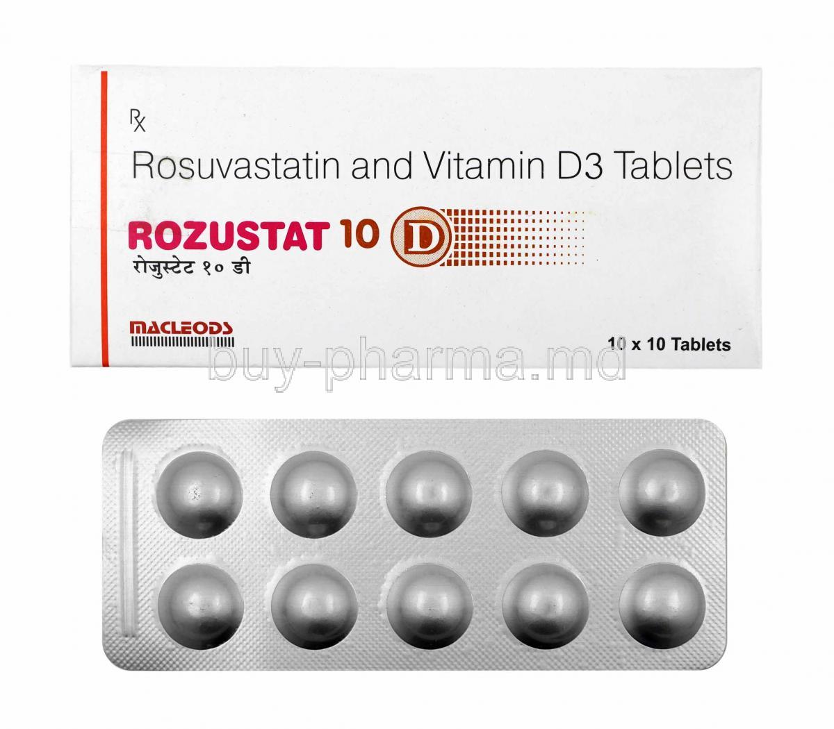 Rozustat D, Rosuvastatin and Vitamin D3 box and tablets