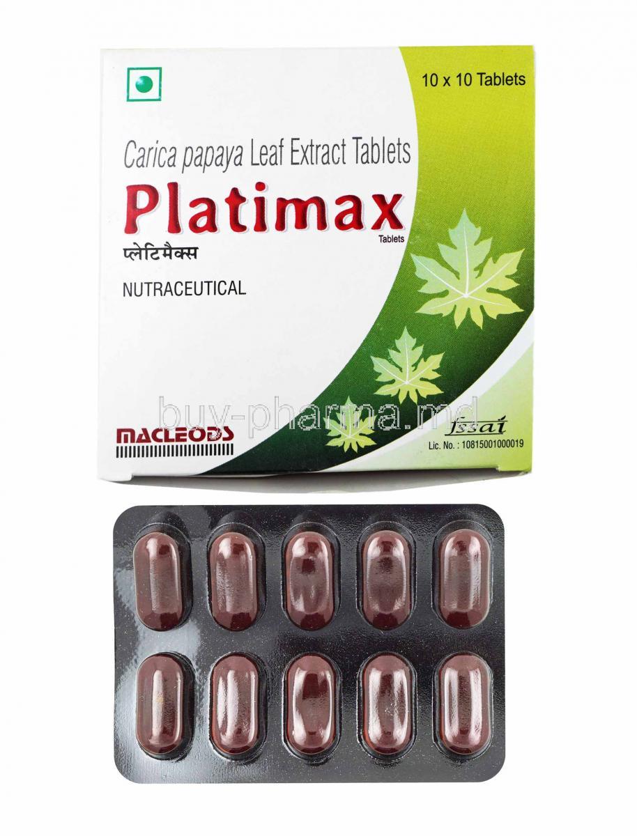 Platimax, Carica Papaya Leaf Extract box and tablets