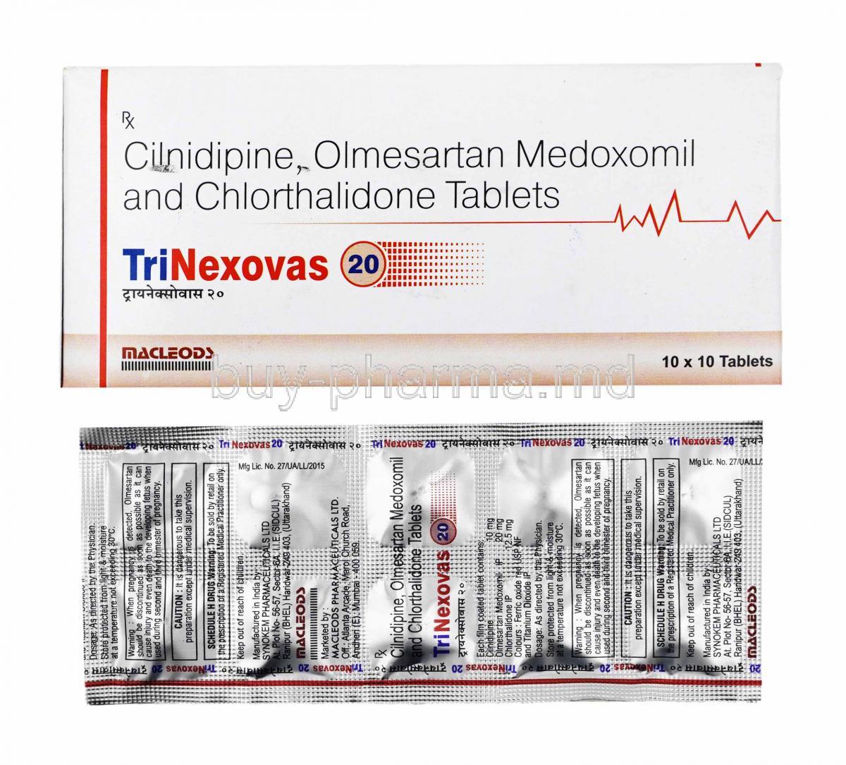 Trinexovas, Olmesartan, Cilnidipine and Chlorthalidone 20mg box and tablets