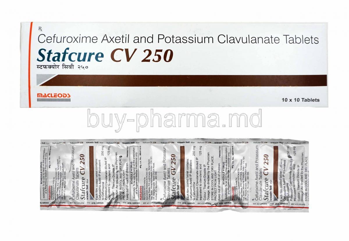 Stafcure CV, Cefuroxime and Clavulanic Acid 250mg box and tabalets