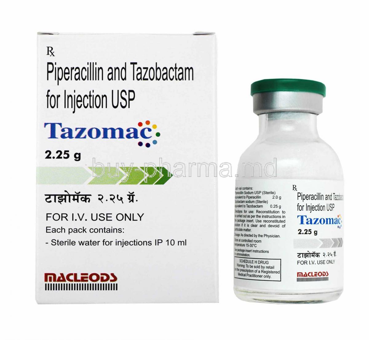 Tazomac Injectionicon, Piperacillin and Tazobactum 2.25g box and vial