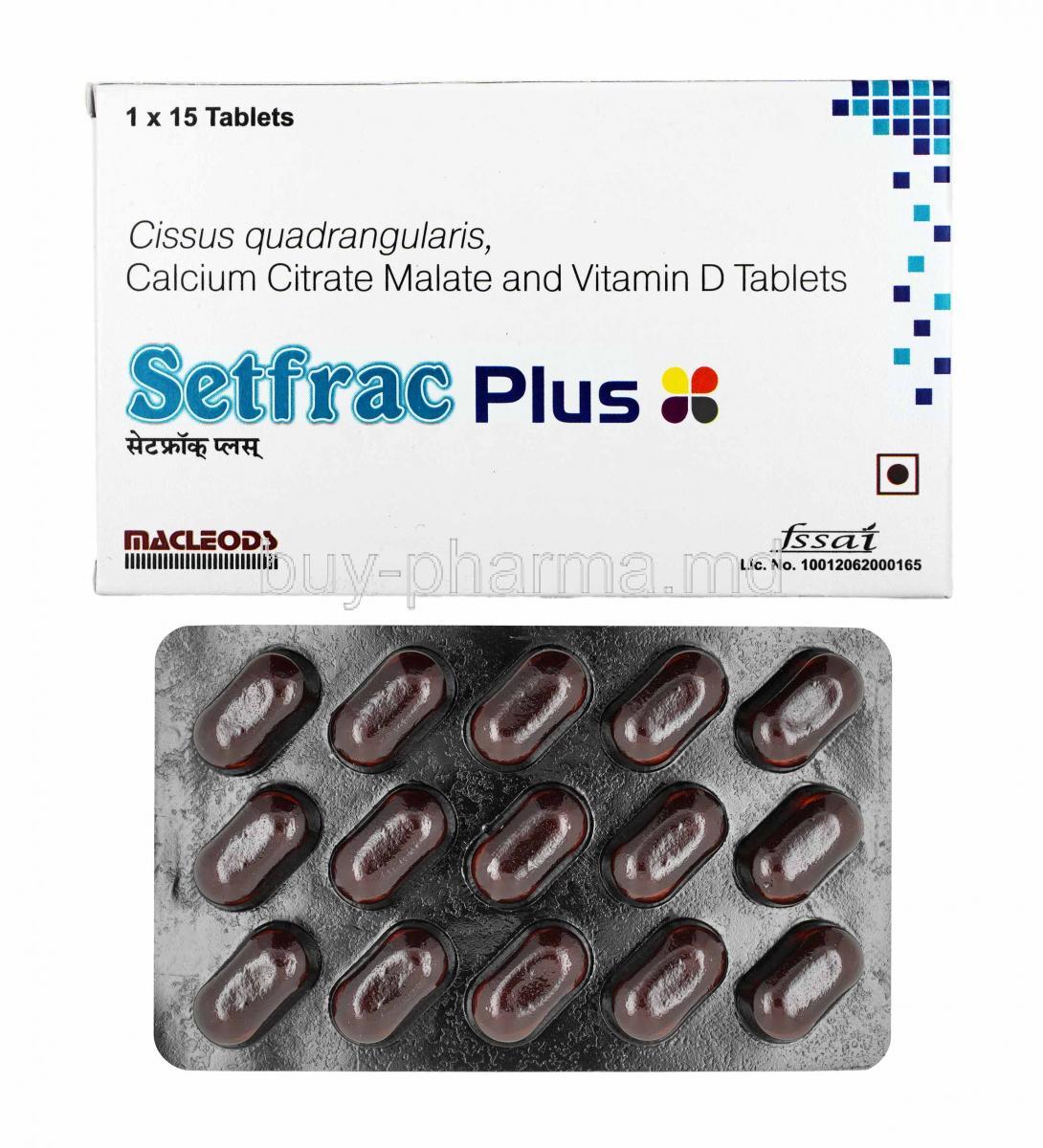 Setfrac Plus, Cissus Quadrangularis, Calcium and Vitamin D3 box and tablets