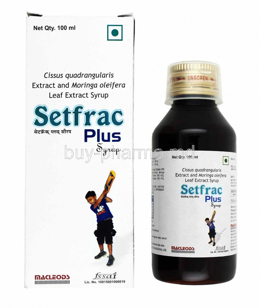 Setfrac Plus Syrup, Cissus Quadrangularis Extract and Moringa Oleifera Leaf Extract box and bottle