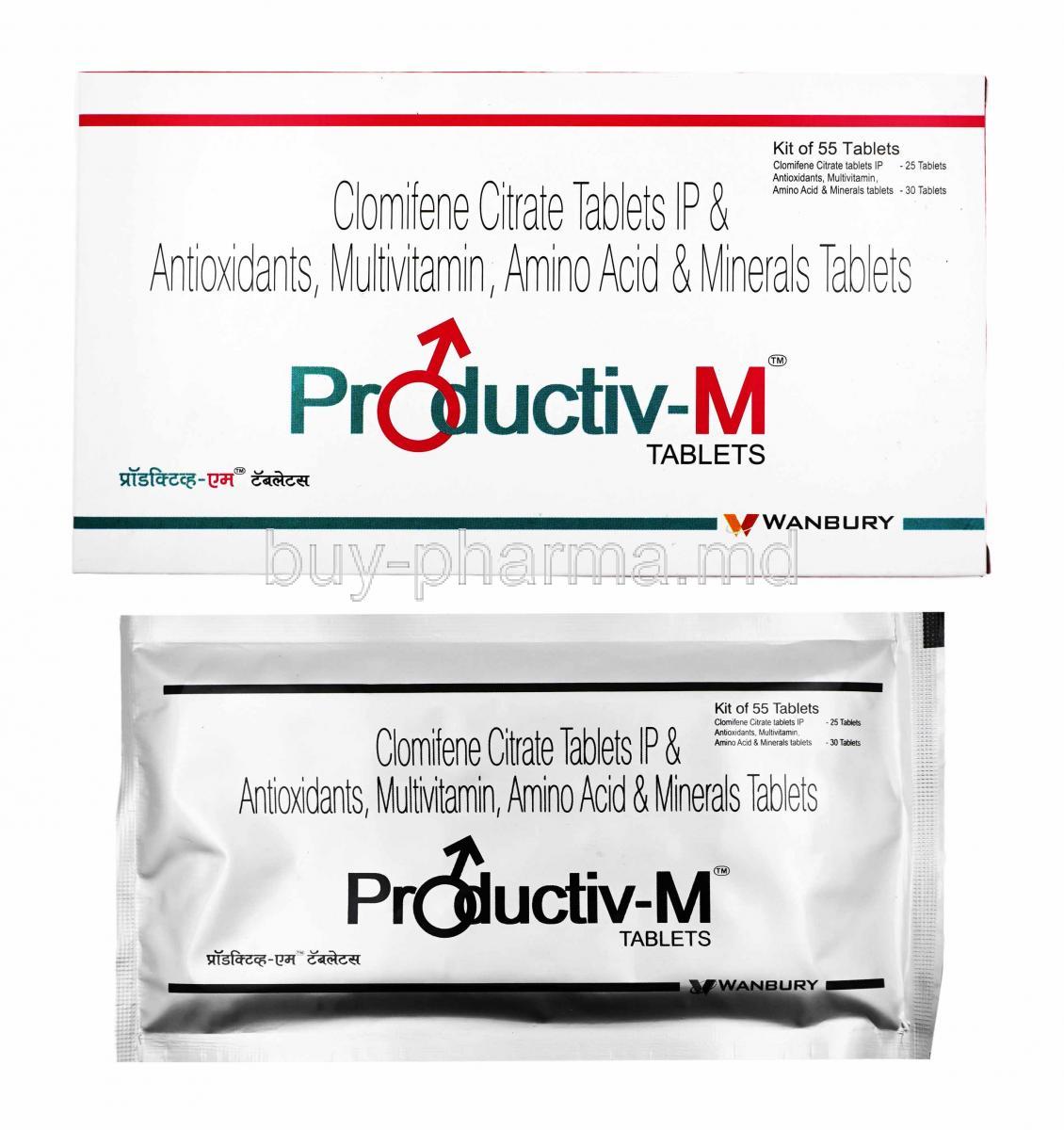 Productiv-M, Clomifene, Pyridoxine, Zinc and Coenzyme Q10 box and tablets