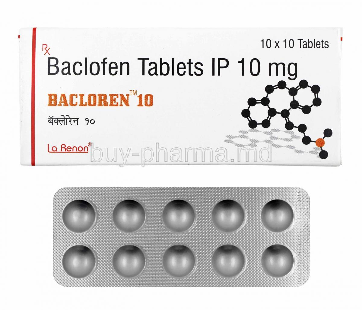 Bacloren, Baclofen 10mg box and tablets