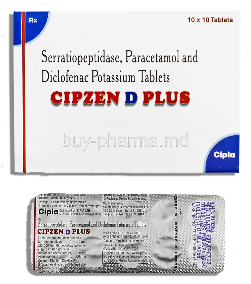 Enzoflam , Serratiopeptidase/  Diclofenac sodium/ Paracetamol  10 mg/ 50 mg/  500 mg Tablets (Bergen Health)