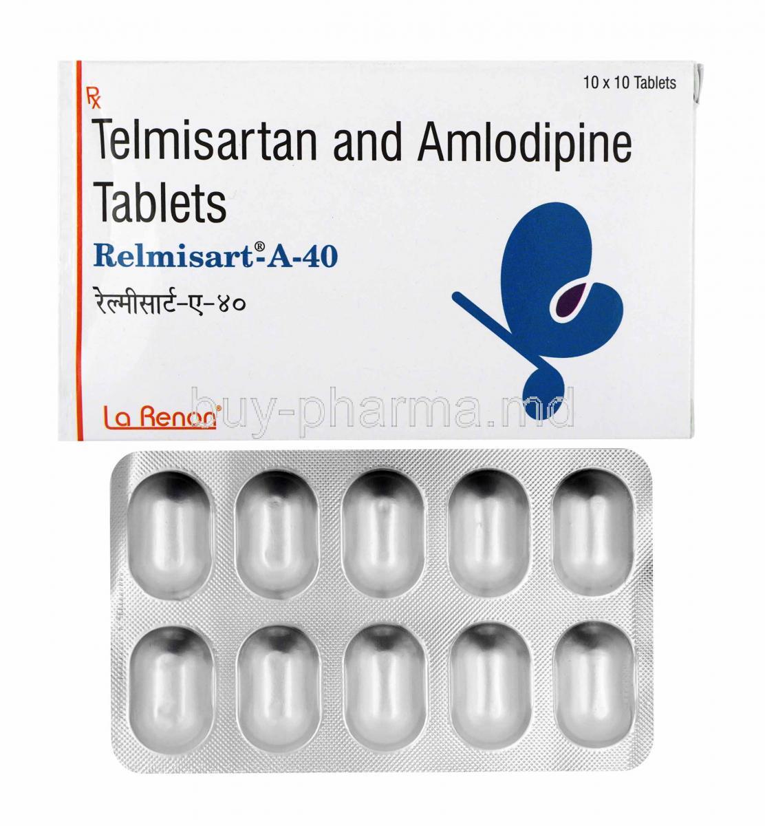 Relmisart-A, Telmisartan and Amlodipine box and tablets