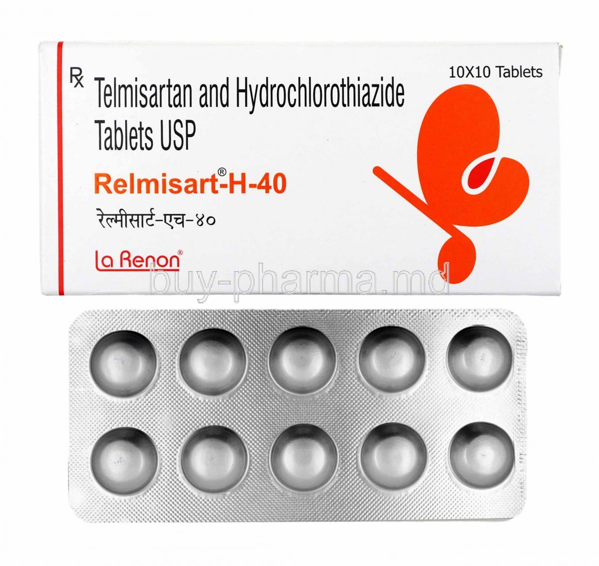 Relmisart-H, Telmisartan and Hydrochlorothiazide box and tablets