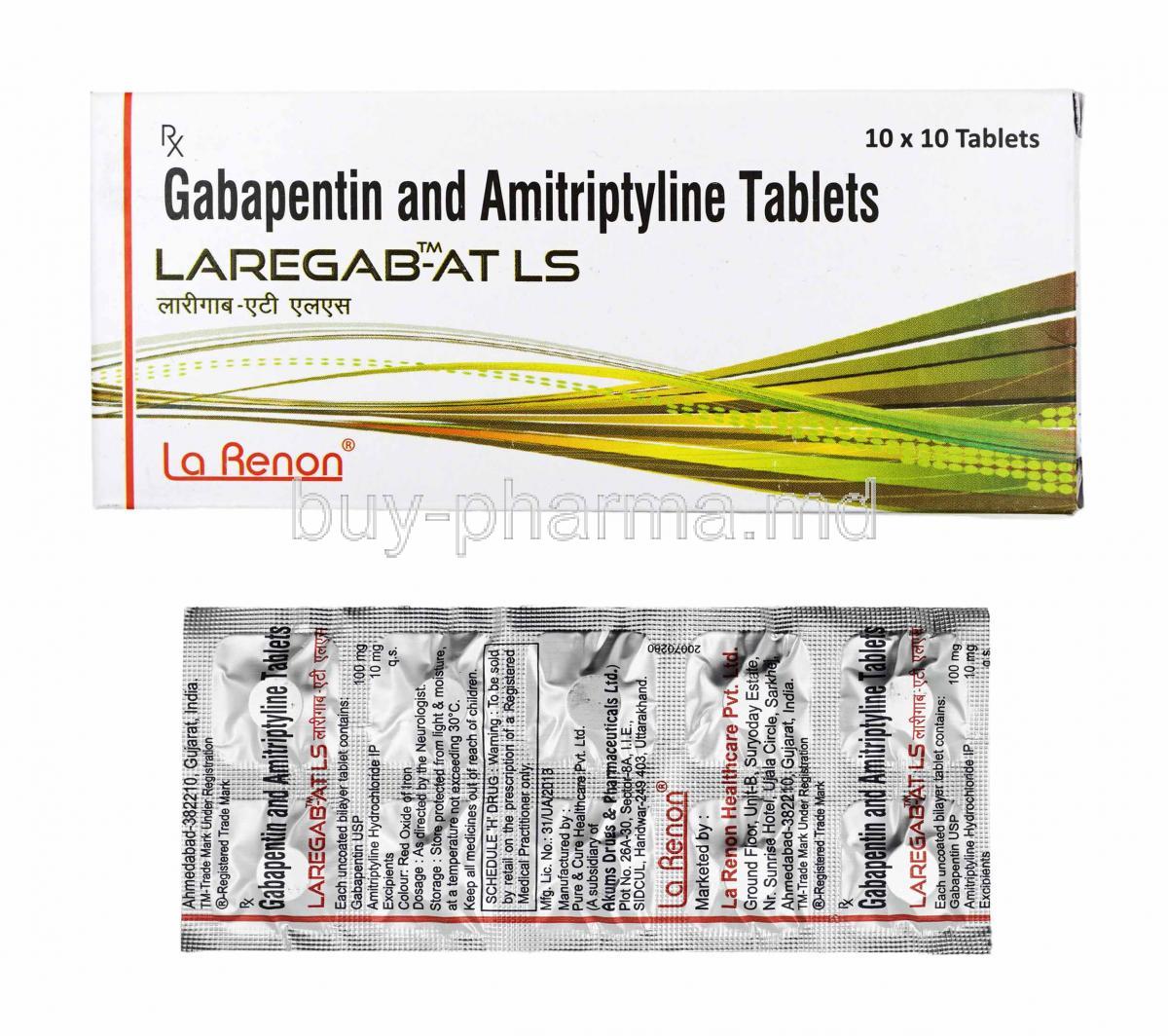 Laregab AT LS, Gabapentin and Amitriptyline box and tablets