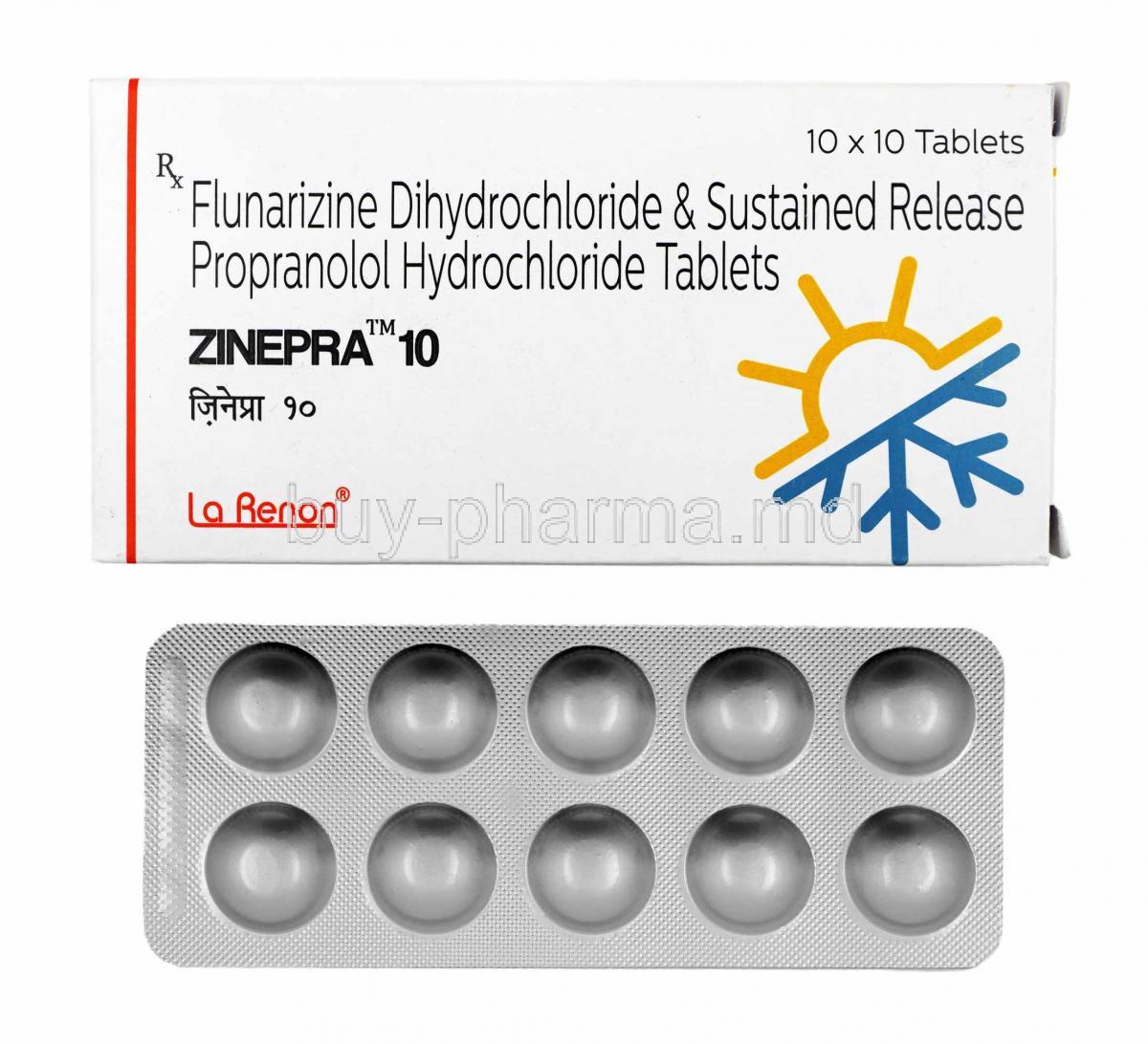 Zinepra, Propranolol and Flunarizine box and tablets